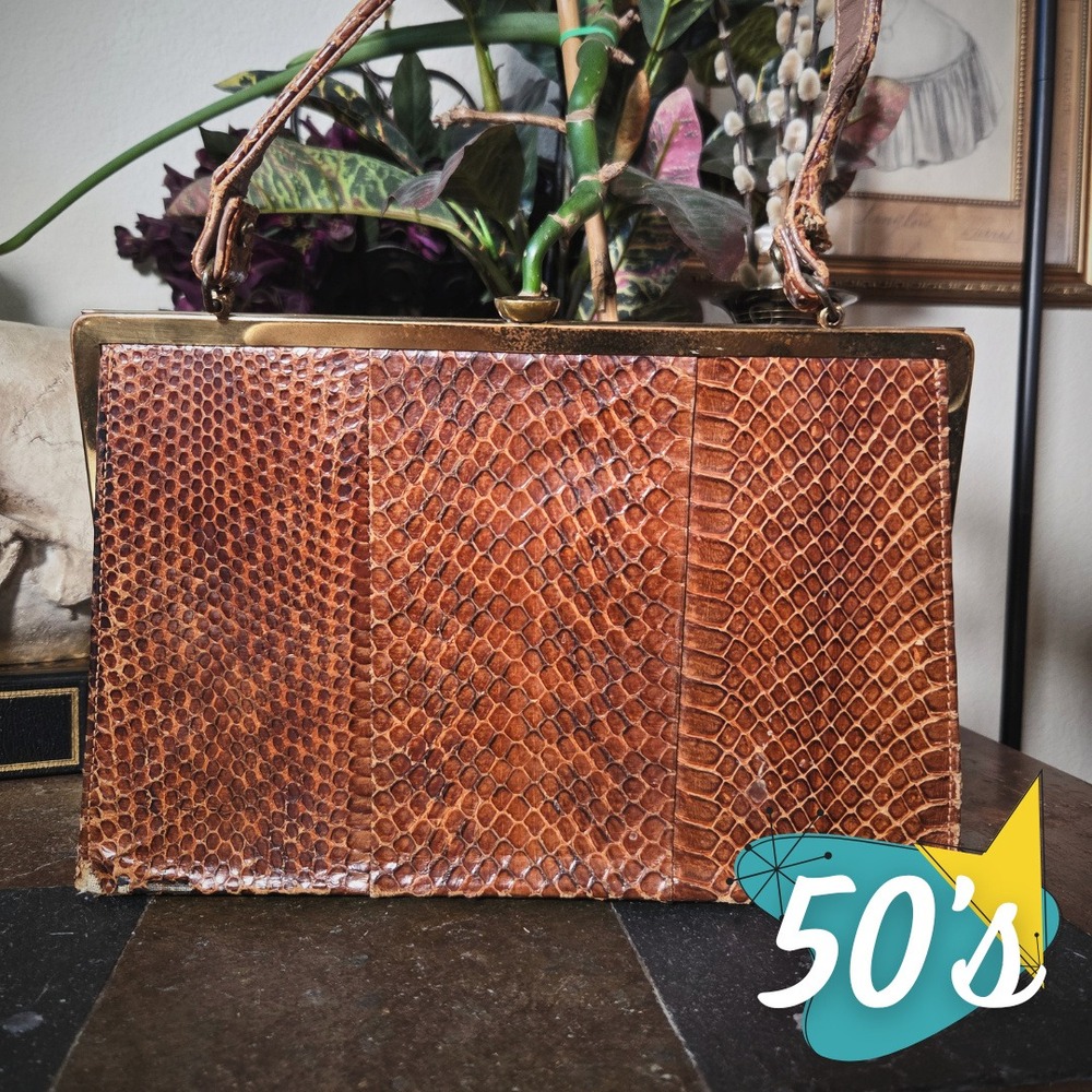 Snakeskin Handbag Brown Exotic Leather Vintage 1950s Frame Purse Restoration DIY